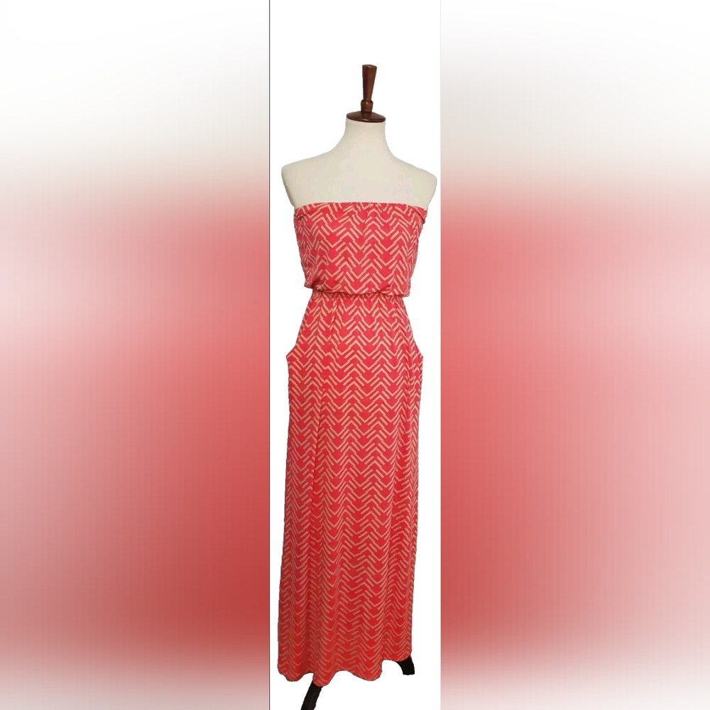 Pre-Loved Women’s Three Pink Hearts Peach Strapless Sun Dress W/Pockets Small
